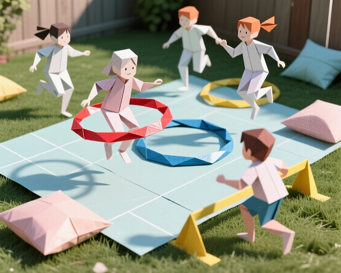 A backyard obstacle course scene with children hopping through hula hoops and jumping over pillows.