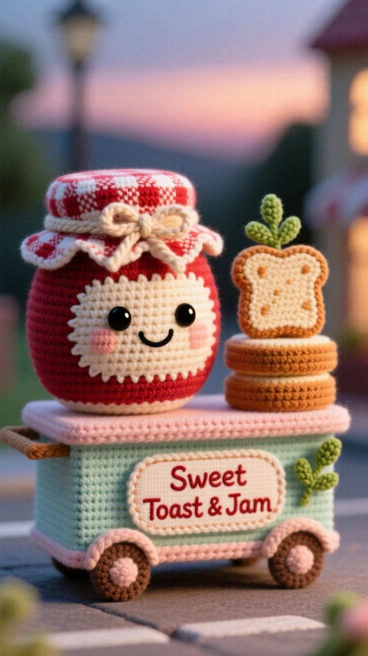 a smiling jar of jam character, with a gingham cloth lid, resting beside a stack of warm toast, displayed in a small street food cart at dusk, with a sprig of fresh herbs as garnish, radiating bright, appetizing cheerfulness.