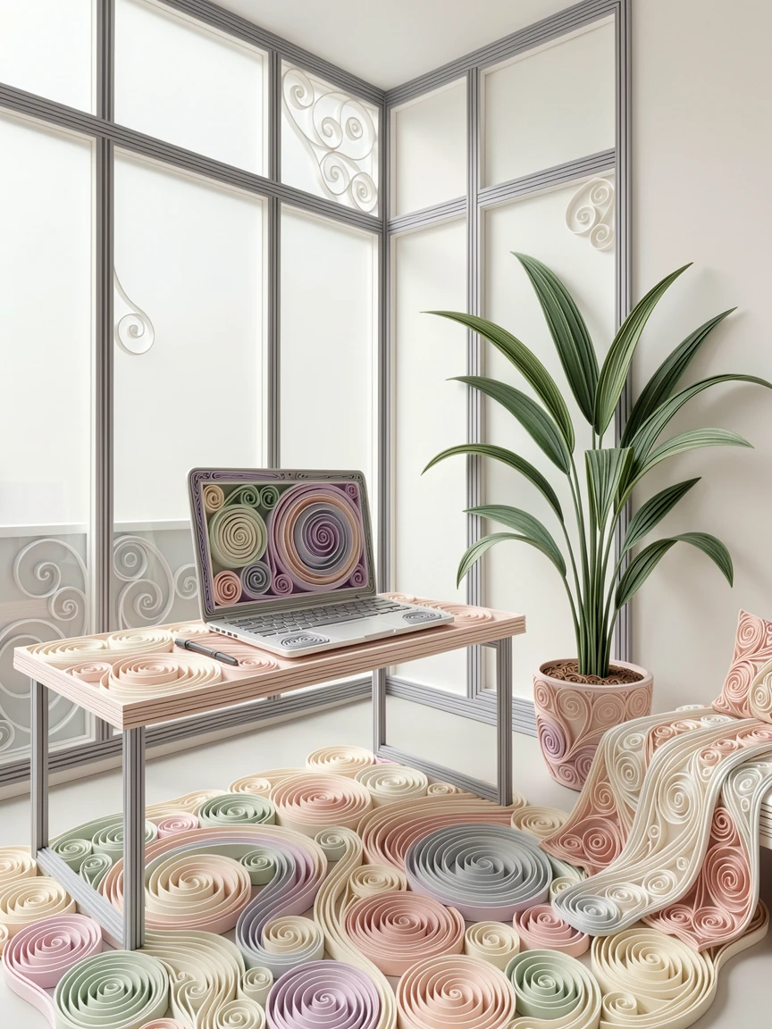A relaxed modern lifestyle scene of a minimalist home office with a laptop and potted plant in a modern loft with large windows, in a calm, soothing palette of muted pastels, arranged with cozy layered textures throughout.