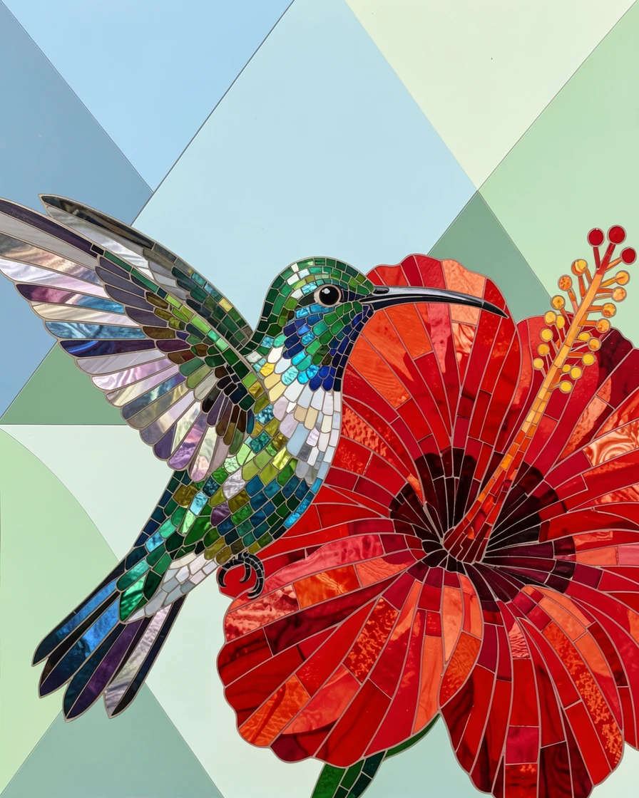 A close-up portrait of a hummingbird hovering beside a blooming red hibiscus, showing rich fur or feather detail and expressive eyes.