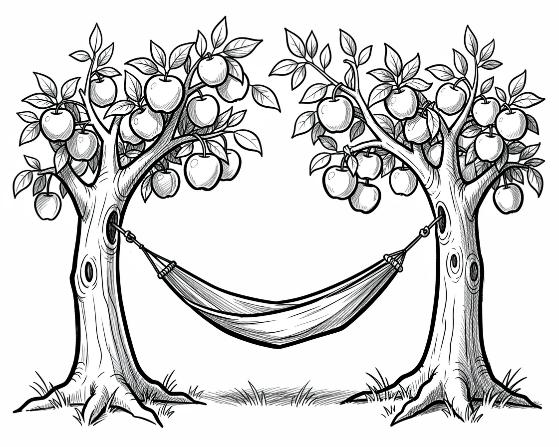 A hammock strung between two trees in summer in an orchard during apple season.