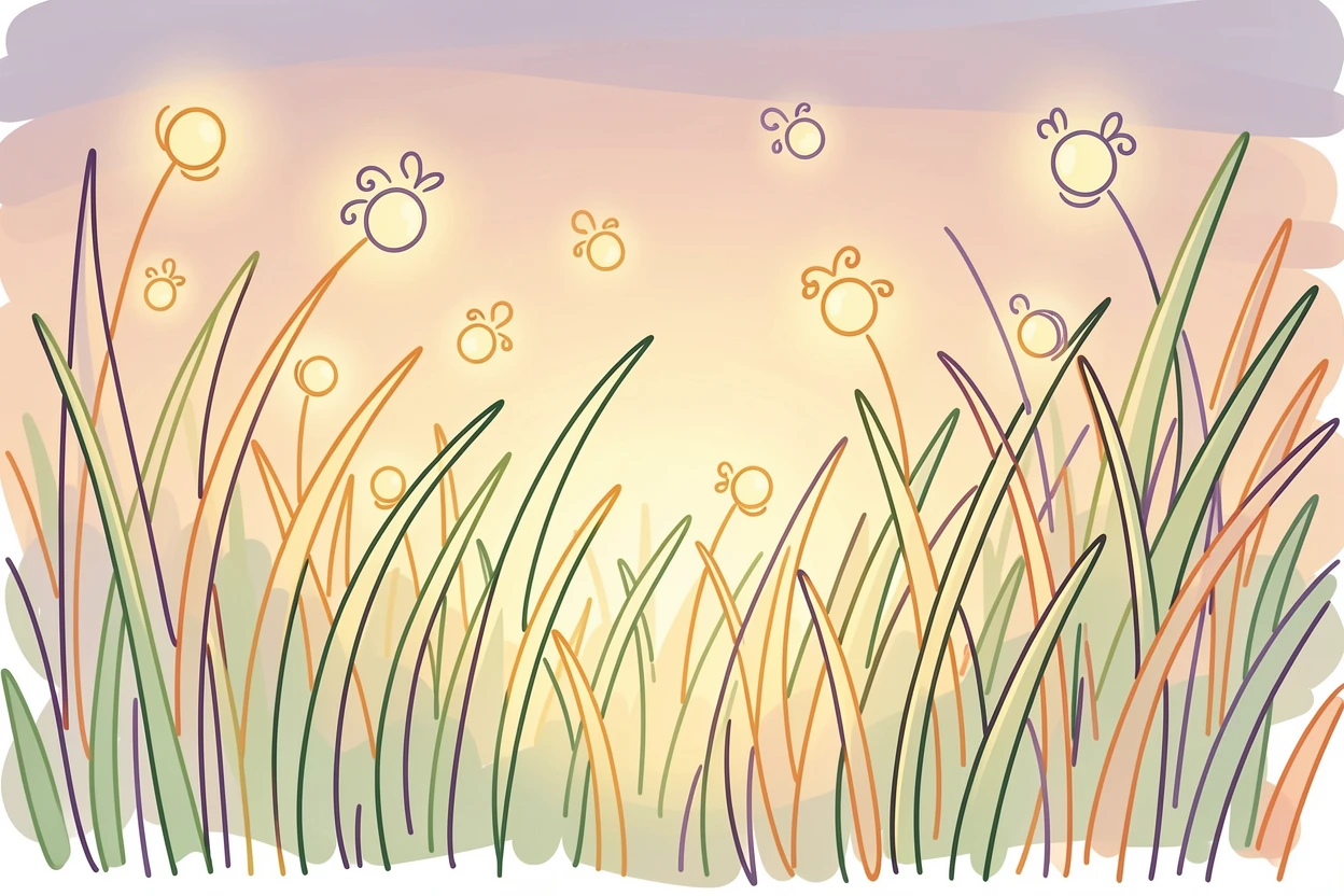 A field of fireflies glowing above tall grass at dusk.