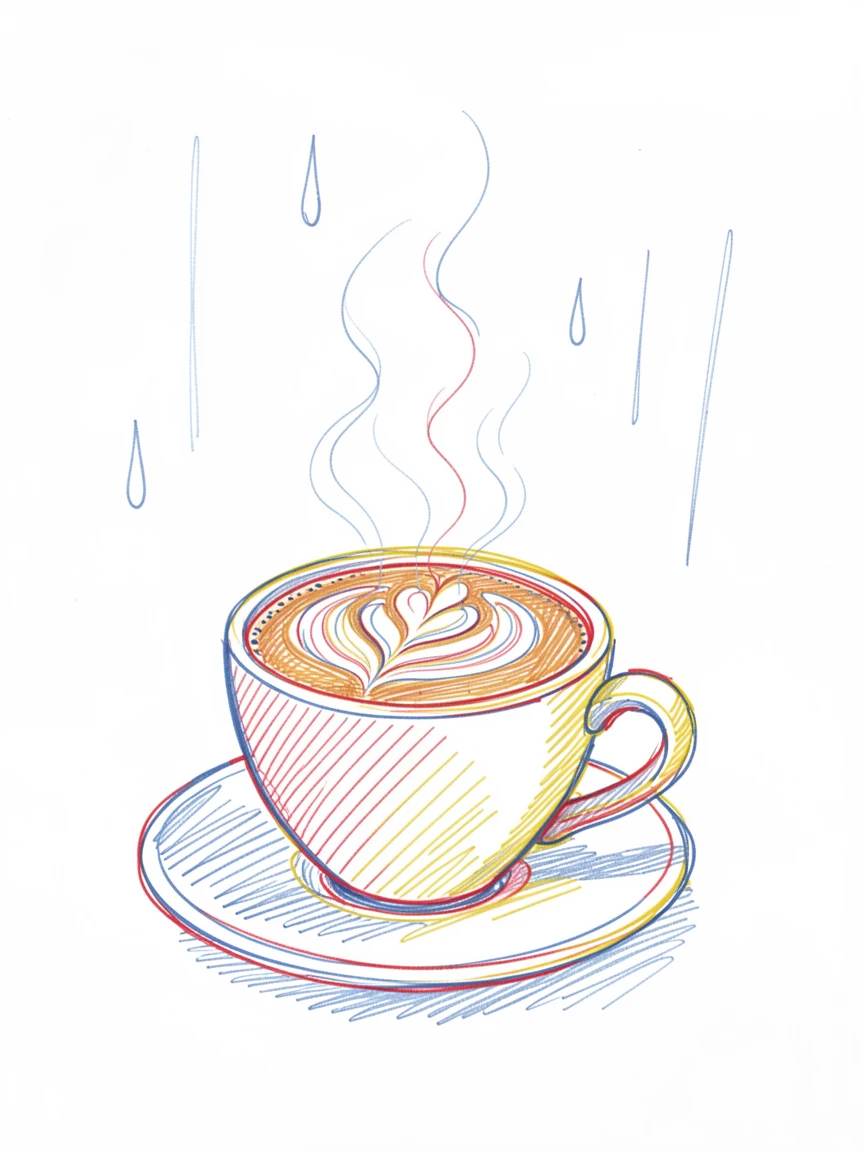 A steaming cup of coffee with intricate latte art on a rainy morning