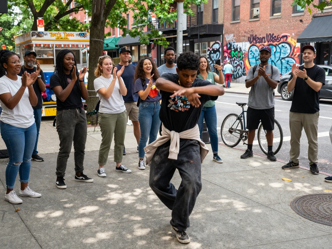 A street dancer freezes mid-spin as a circle of onlookers erupts in applause.