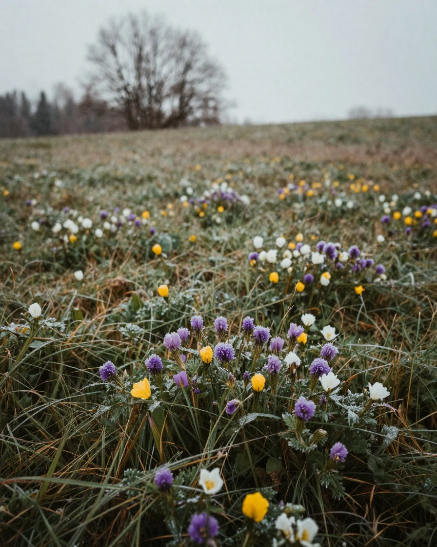 A quiet meadow scattered with wildflowers as the first snow of winter falls