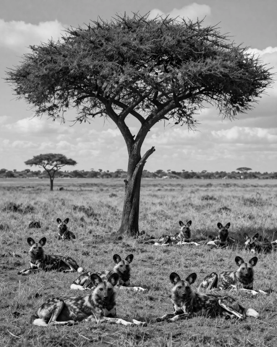 A pack of wild dogs rests in the shade of a lone tree on the open savanna.