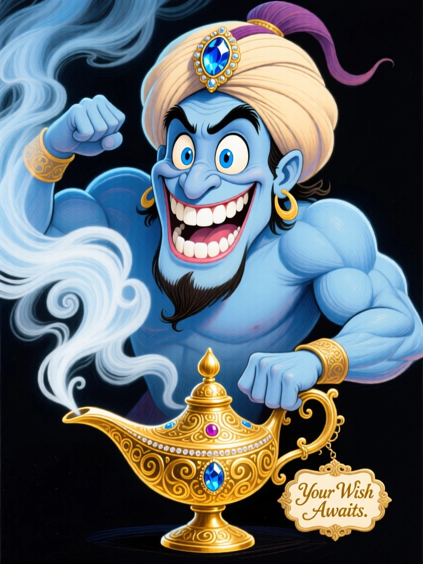 A mystical genie emerging in a swirl of smoke from an ornate golden lamp.