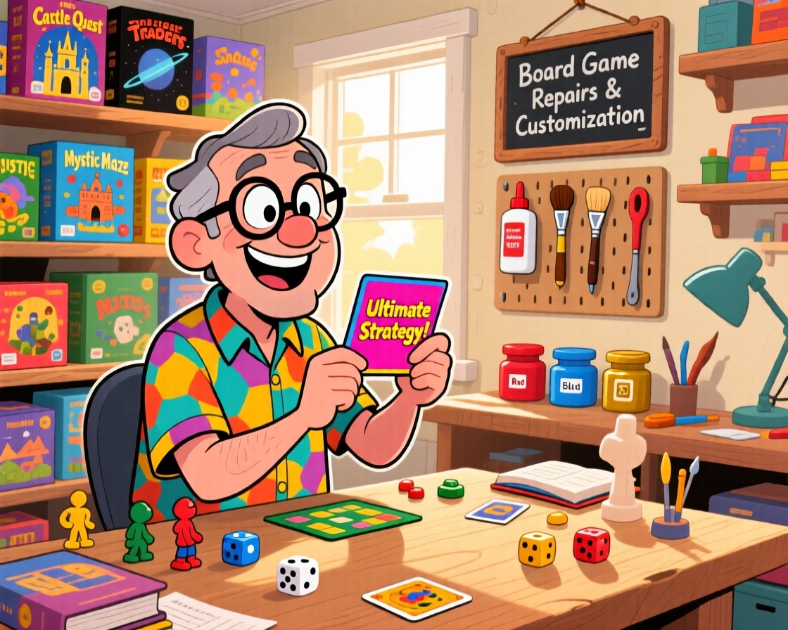 An everyday-life snapshot of an eager board game collector, surrounded by all the tools of their craft, in a cozy sunlit workshop.