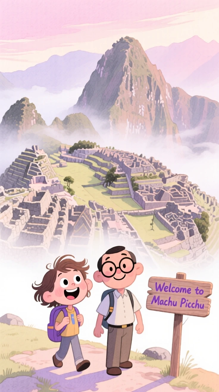 A dreamy travel postcard scene of Machu Picchu wrapped in morning mist at soft pink dawn