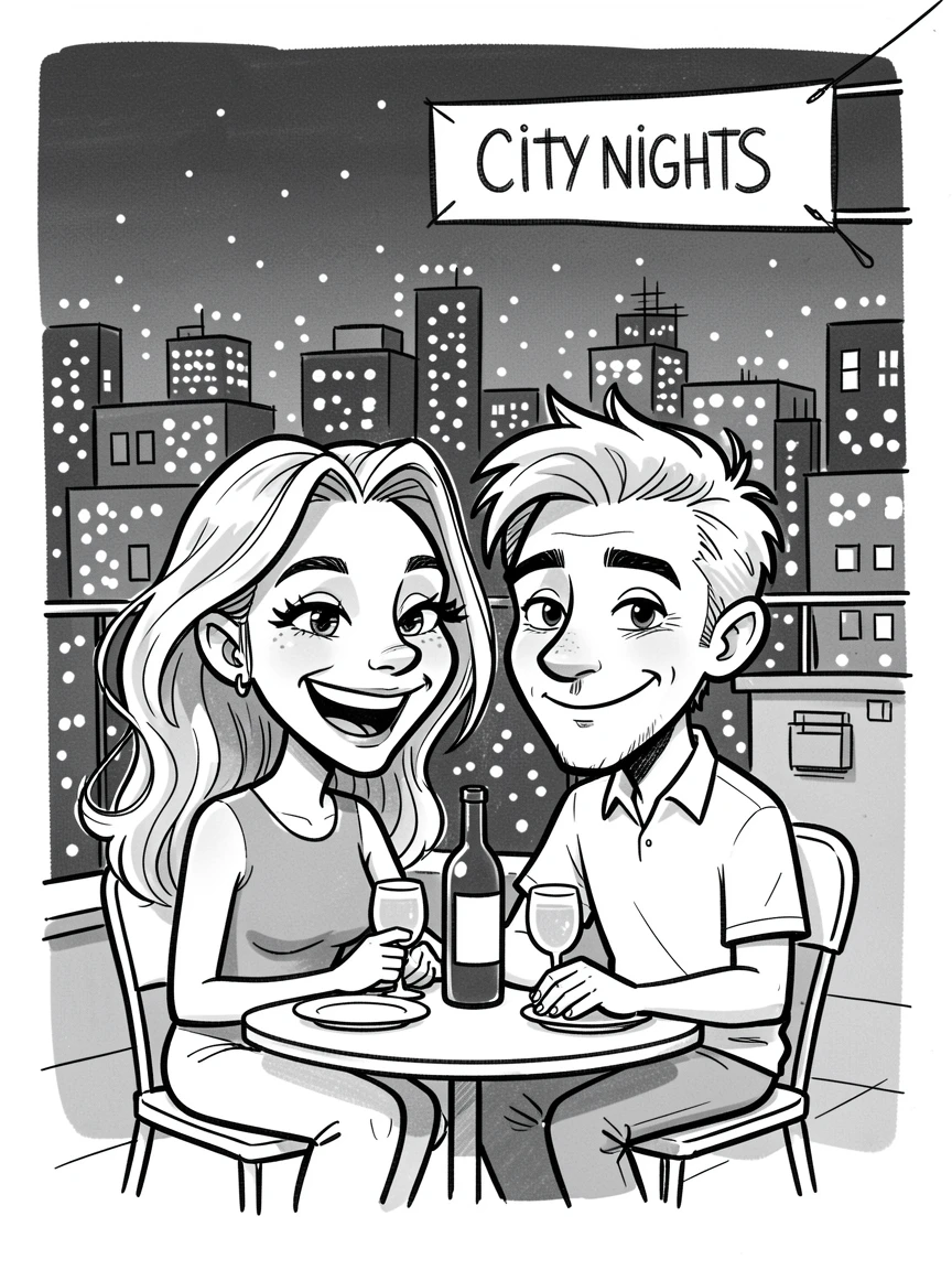 [Trending & Universal Topics] Modern lifestyle scene of a couple enjoying a rooftop dinner overlooking city lights, capturing everyday joy