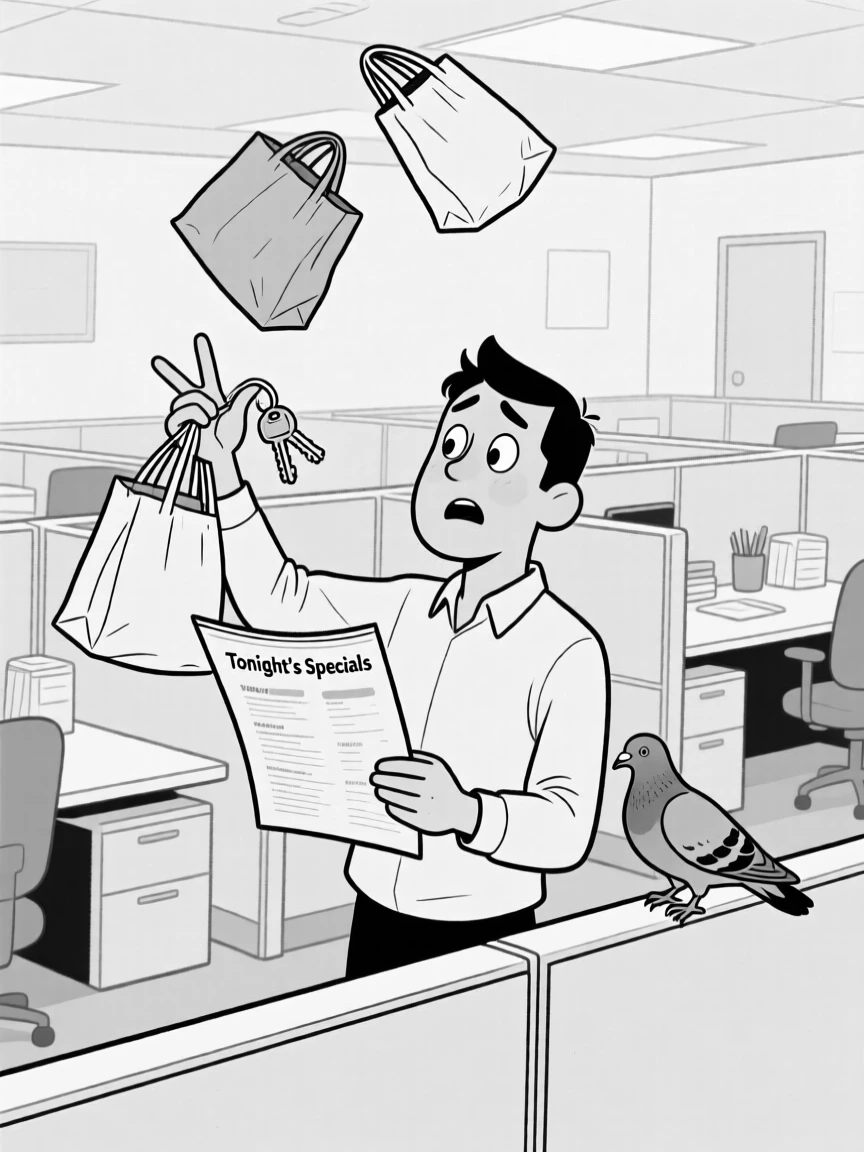 A person juggling grocery bags while fumbling for keys, holding the menu at arm's length in disbelief, set in a cubicle-filled open office. A nearby pigeon watches with apparent judgment. There's a warm, self-deprecating humor to the moment.