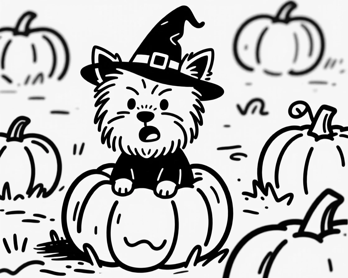 A yorkie dressed as a tiny witch or wizard for Halloween, sitting in a pumpkin patch.