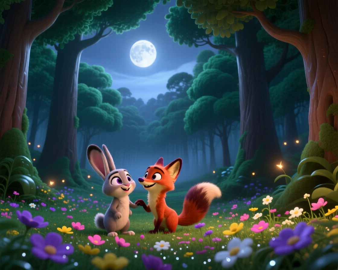 A dense emerald forest glows as the moon rises slowly above the horizon, with wildflowers scattered across the foreground. The mood is serene, vast, and quietly majestic.