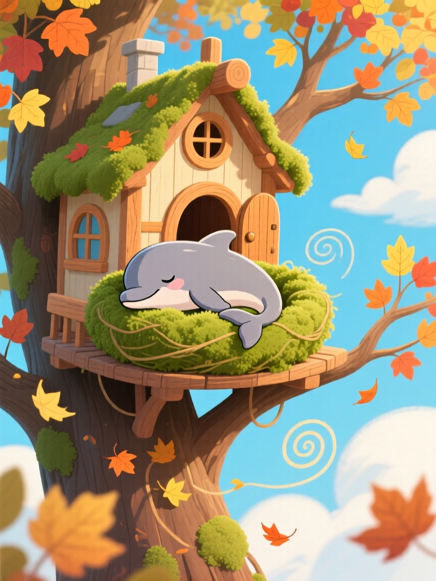 A gentle dolphin is napping in a nest of soft moss in a cozy treehouse, with a trail of fallen leaves swirling around.