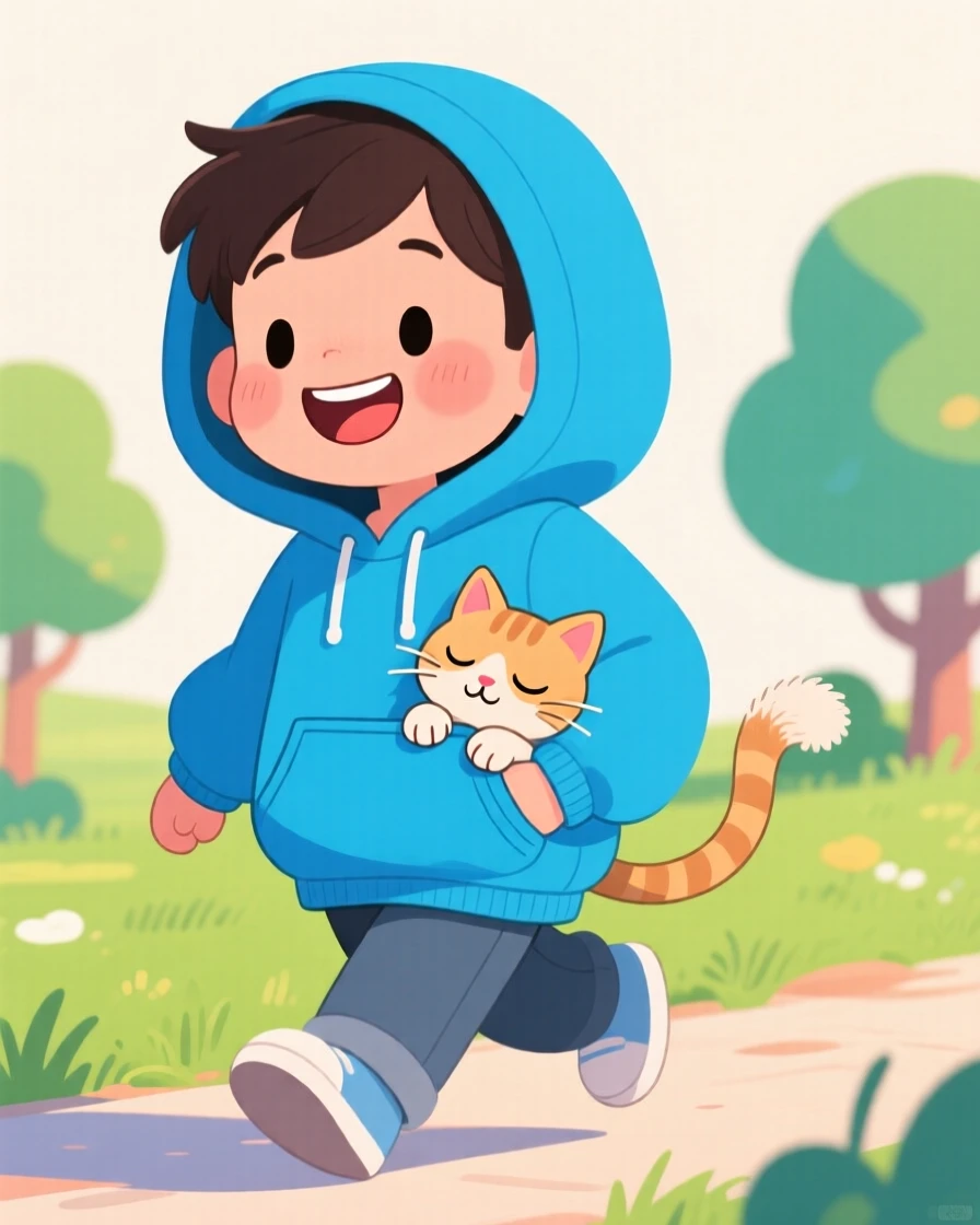 A boy carrying a sleepy kitten in the front pocket of his hoodie.