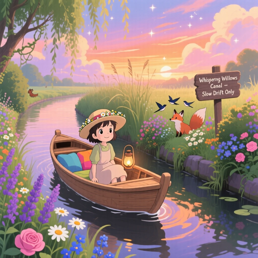A charming scene of a canal boat drifting slowly past flower-lined banks, under a sky painted with warm colors.