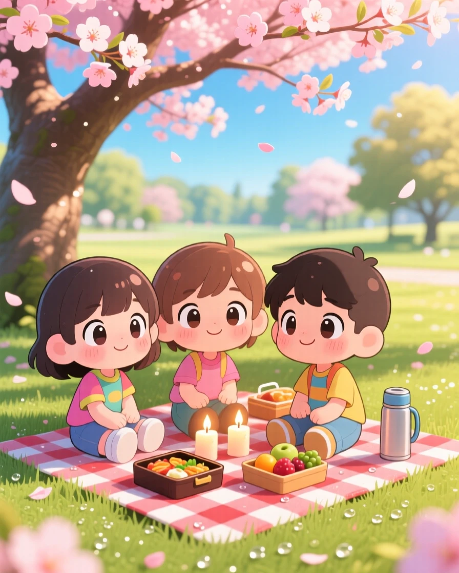 A group of friends having a picnic under a blossoming tree in a sunny park as morning dew glistens on the grass; gentle candlelight washes over the scene as shy bashfulness fills the moment. Close-up portrait.