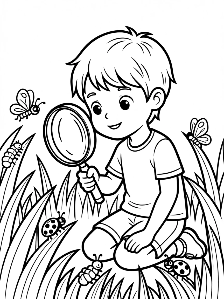 A child using a magnifying glass to study insects in the grass