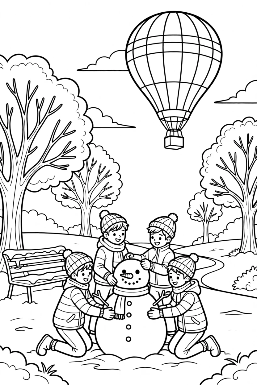 A group of friends building a snowman in a quiet park, a hot air balloon drifting through a sky painted with clouds.