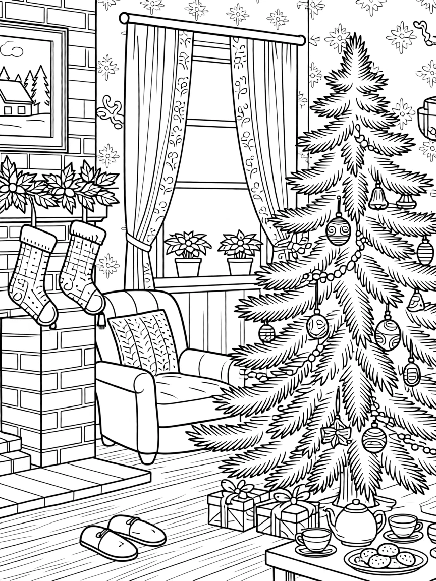 A cozy Christmas morning scene with stockings hung and a decorated tree.