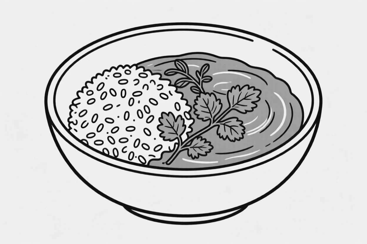 A bowl of curry served with rice and fresh herbs