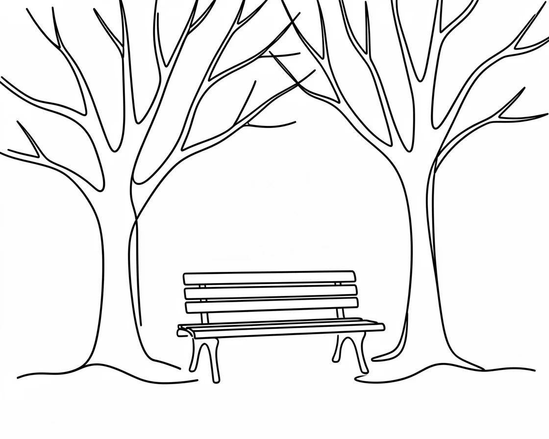 A quiet snow-covered city park bench beneath bare winter trees