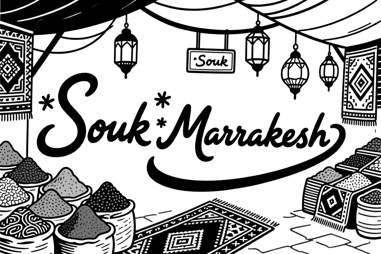 A bustling Moroccan market filled with colorful spices, rugs, and lanterns.