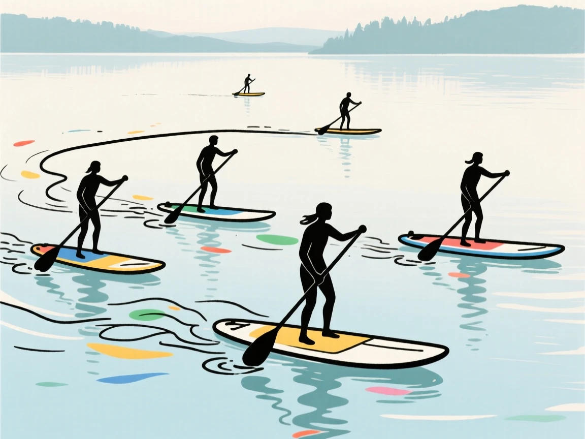 A group of paddleboarders gliding across a calm morning lake.