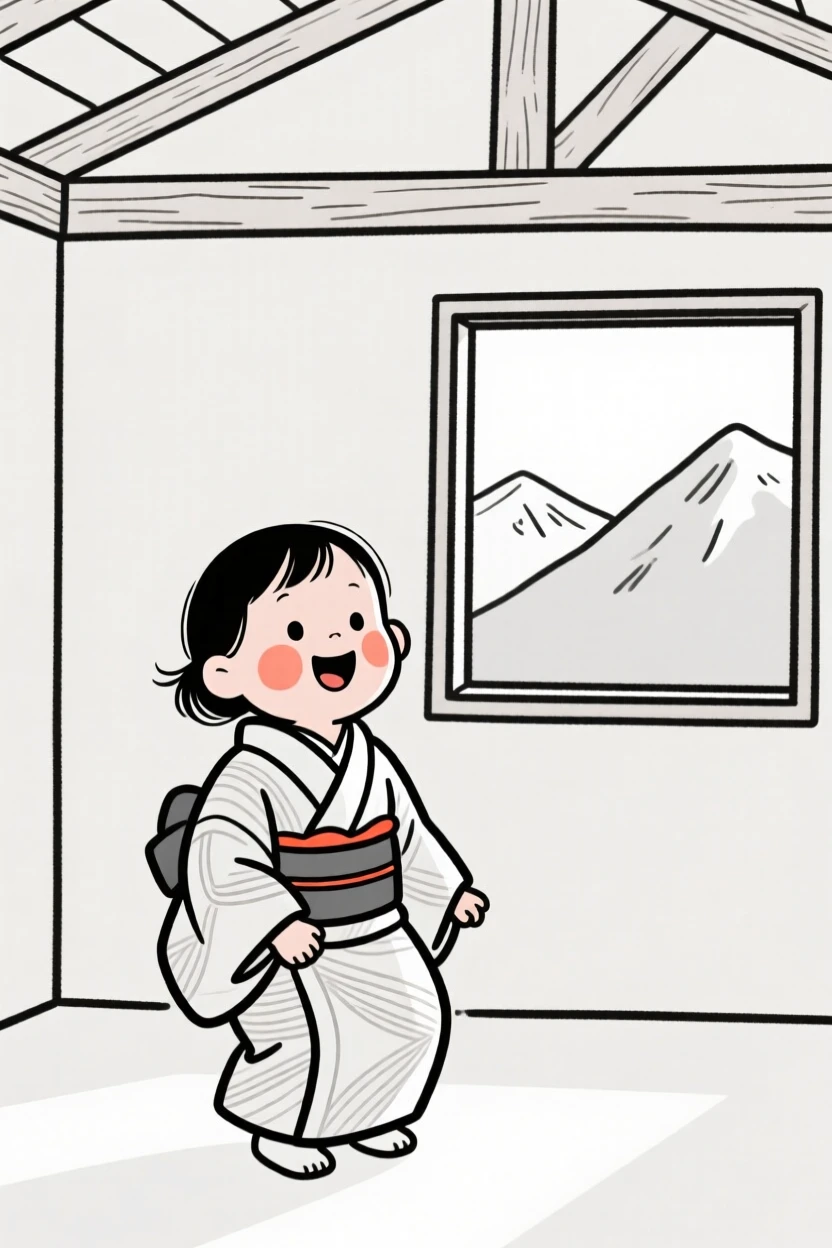 A baby girl wearing a traditional kimono, bursting with excitement, in a mountain cabin.