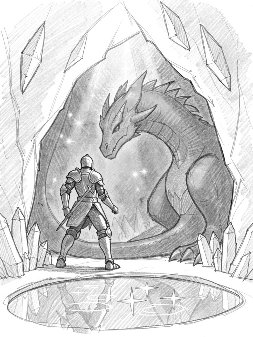 An epic fantasy scene of a knight facing a shadowy dragon inside a cavern lit by crystal formations, with stars reflected in still water.