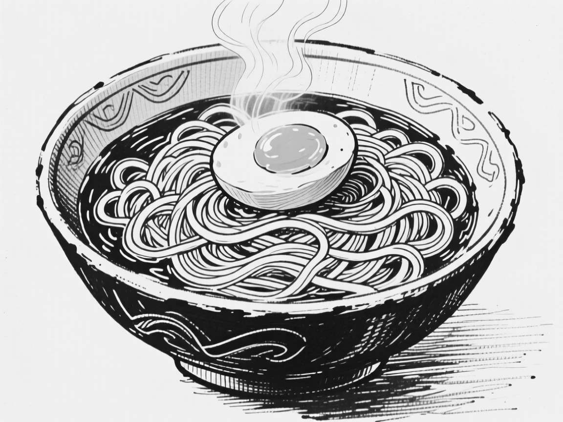 A bowl of hot ramen noodles with a perfectly soft-boiled egg on top.