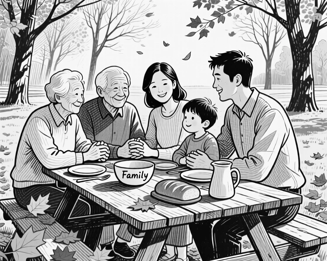 A family gathered around a dinner table in a sunlit park during autumn, with hands clasped warmly together, creating a tender and sincere lifestyle scene.