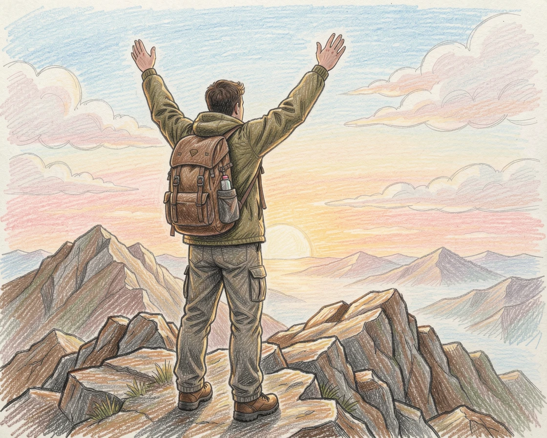 A hiker reaching a mountain summit at sunrise with arms raised, with rich, inviting textures throughout the scene, perfect for anyone drawn to gentle, heartfelt imagery.