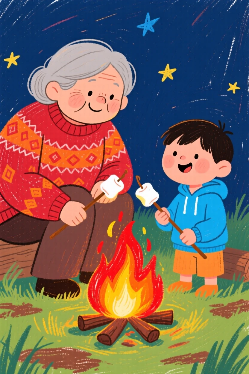A grandmother and her grandchild roasting marshmallows over a glowing campfire.