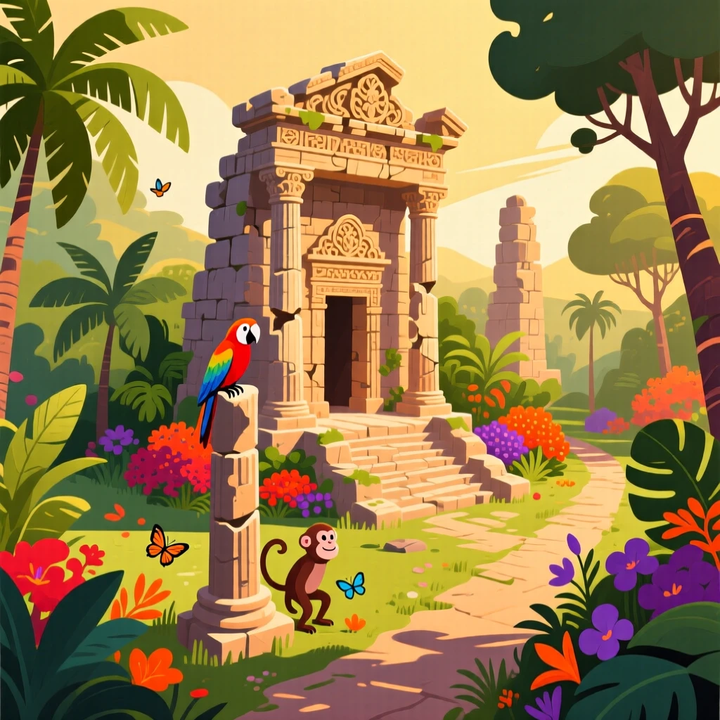 A grand ancient ruin bathed in golden afternoon light, surrounded by a lively, colorful atmosphere, composed with a postcard-worthy balanced perspective, with a joyful, adventurous atmosphere.