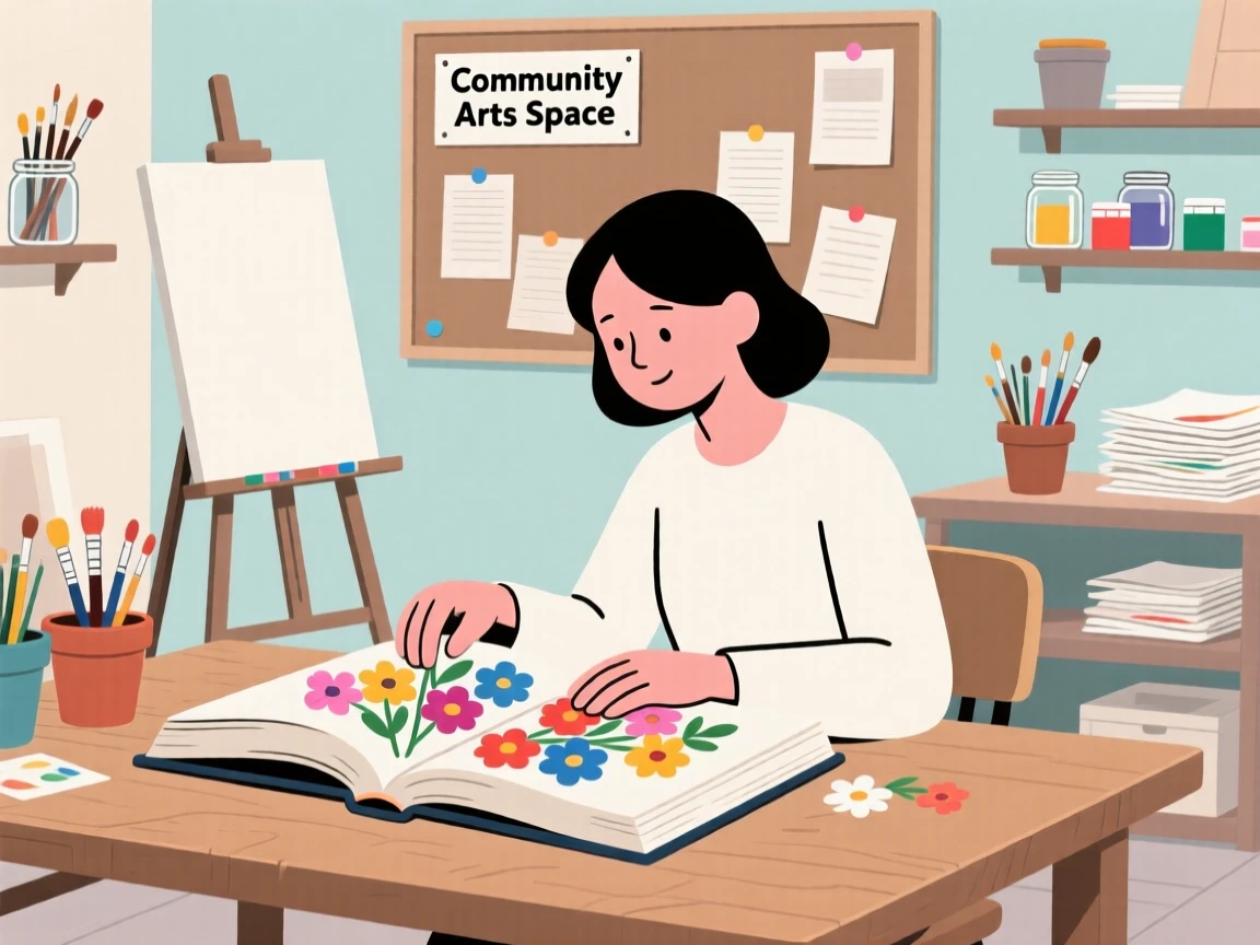 A person pressing flowers into a book in a community art room.