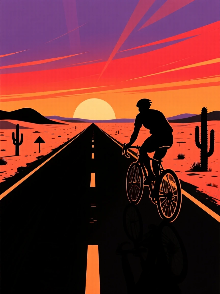 A lone cyclist riding across a long, empty desert highway at sunset.