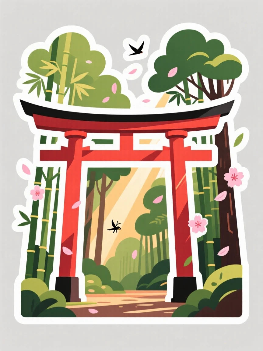 A vibrant and inviting traditional Japanese torii gate in a forest, surrounded by the sounds and colors of the region, on a warm and welcoming afternoon.