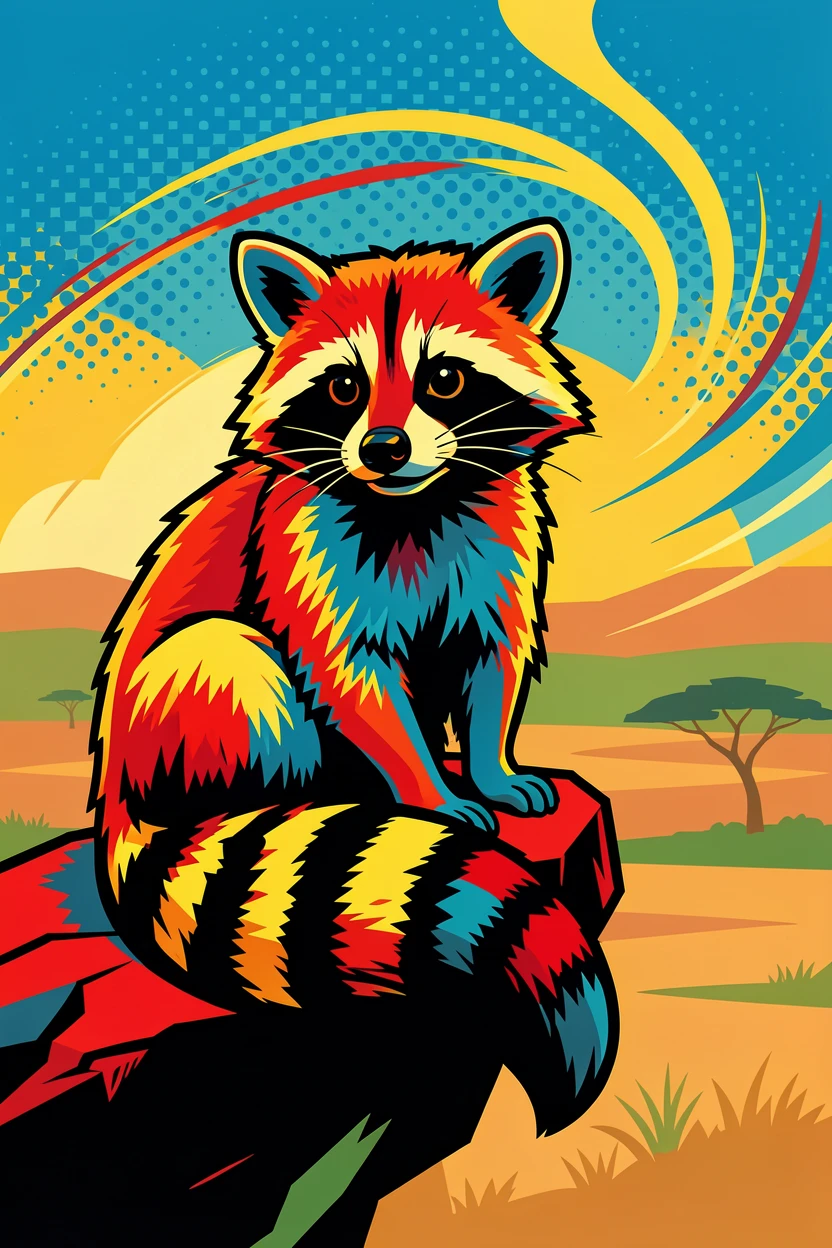 A curious raccoon resting atop a rocky outcrop overlooking the savanna