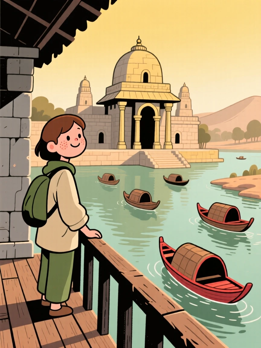 A traveler pauses on a narrow balcony overlooking an ancient temple complex, watching boats gliding along the water as the golden afternoon light settles over the scene.