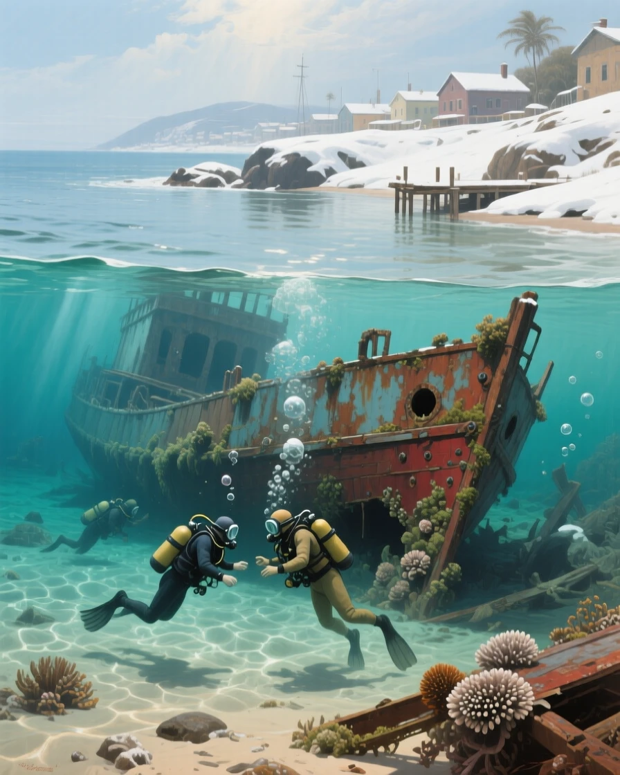 A balanced composition of divers exploring a sunken shipwreck beneath crystal-clear water, under a fresh blanket of winter snow, in a Brazilian coastal town.