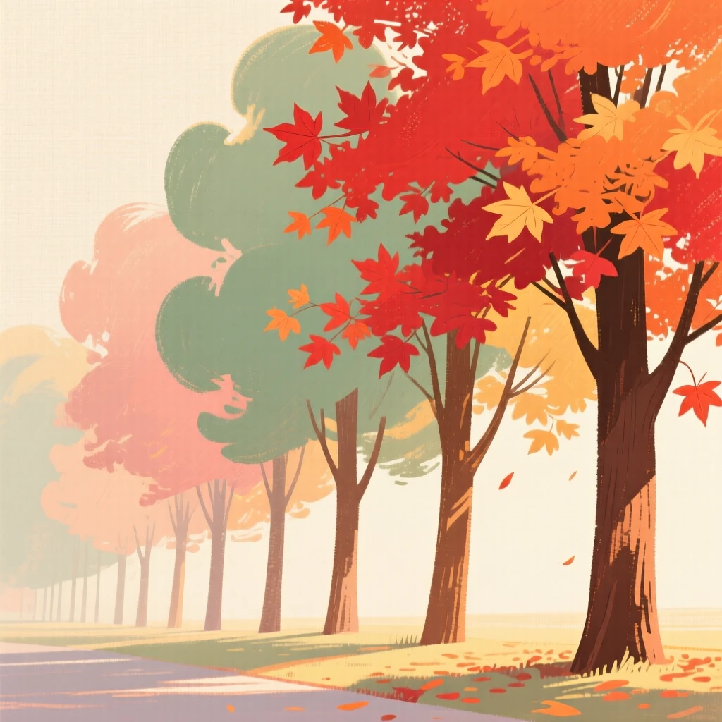 A row of maple trees turning brilliant shades of red and orange
