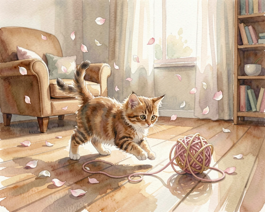 A kitten chasing a ball of yarn in a cozy living room surrounded by falling flower petals.