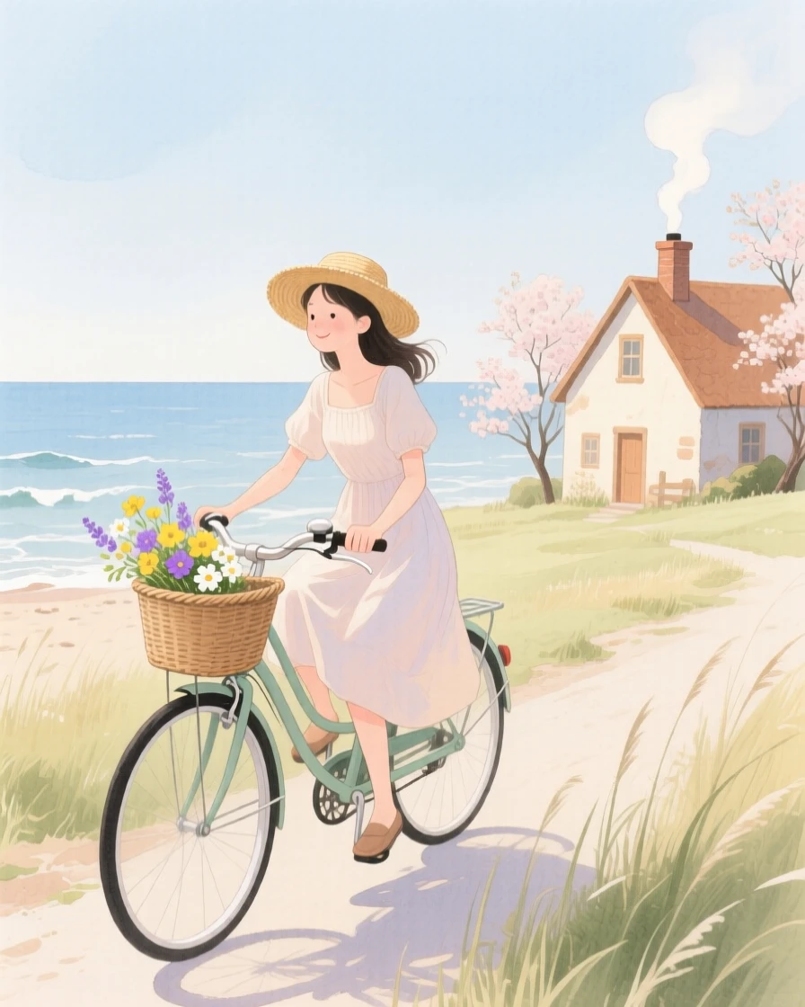 A peaceful scene of someone riding a bicycle along the coast in a cozy countryside cottage, fully absorbed in a quiet, joyful moment