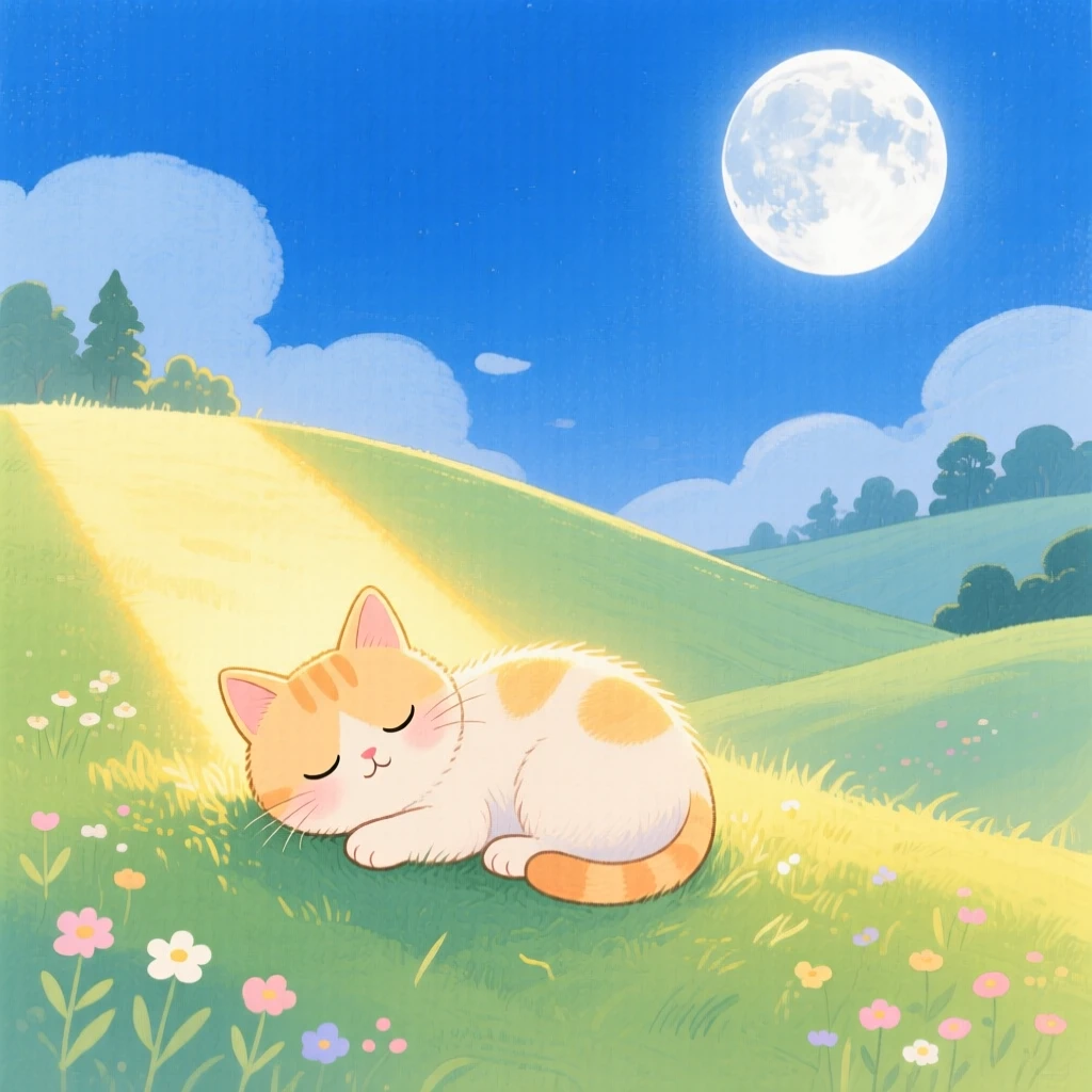 A kitten napping in a sunbeam discovering something new in a rolling green hillside under a full moon.