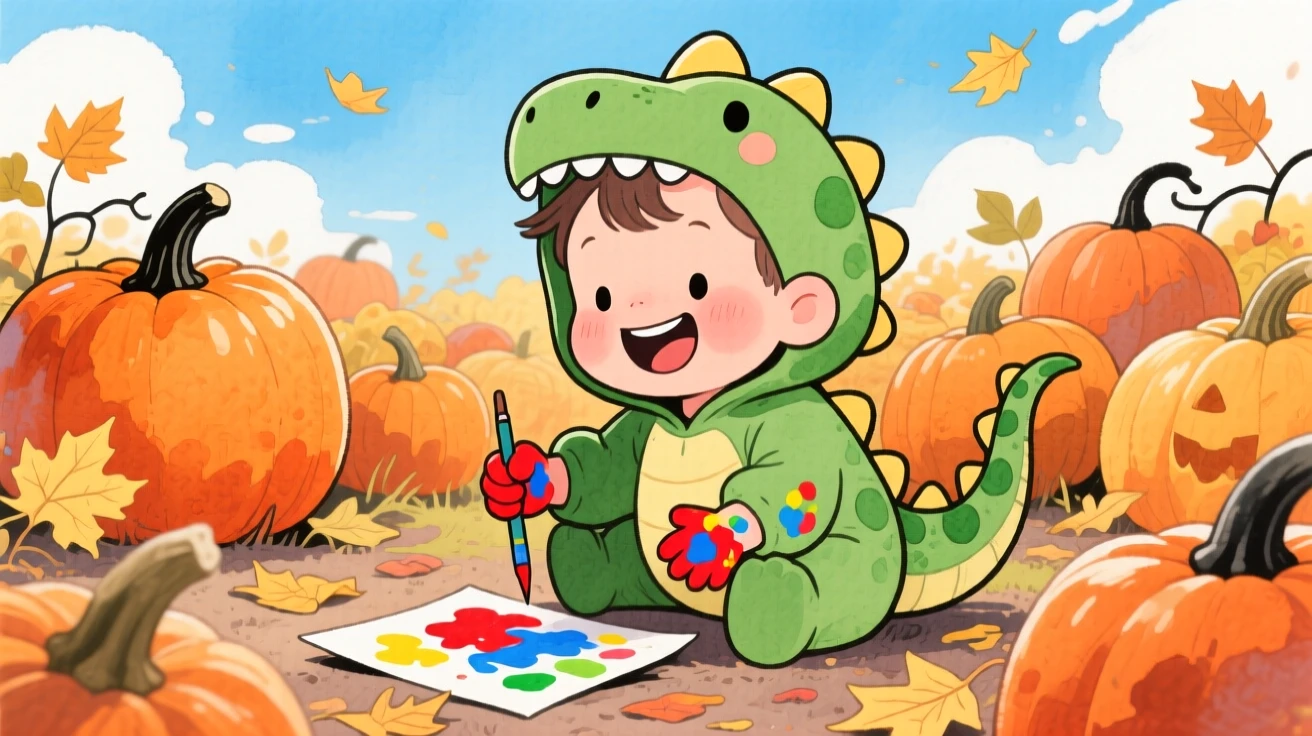 A toddler in a dinosaur costume painting with watercolors, hands covered in bright pigment, in a pumpkin patch under a crisp autumn sky, brimming with carefree happiness.