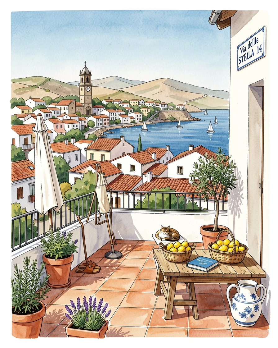 A rooftop terrace overlooking a sprawling Mediterranean coastal town, small details of daily life scattered throughout the setting.
