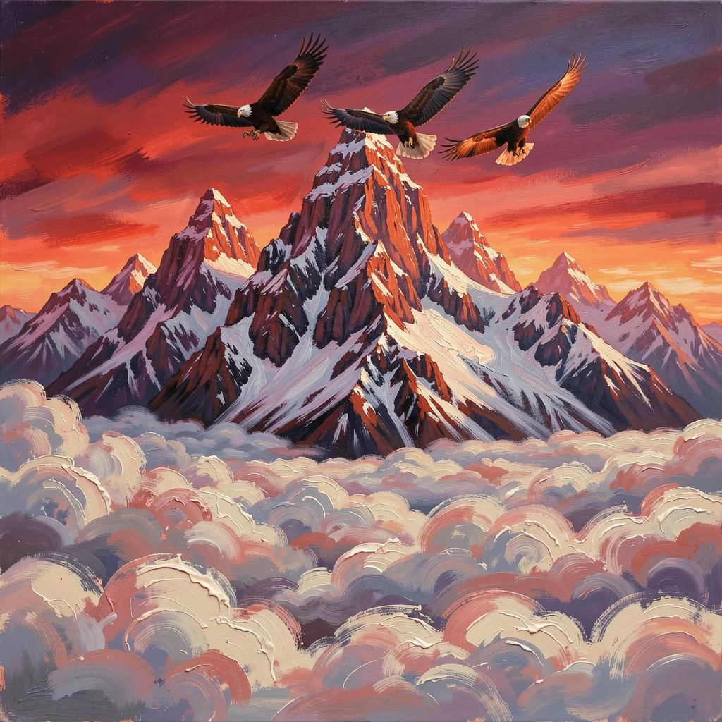 Above a rolling sea of clouds, a jagged, snow-capped mountain range, a pair of eagles circling high above the ridgeline, during a fiery sunset that turns the peaks crimson and violet.