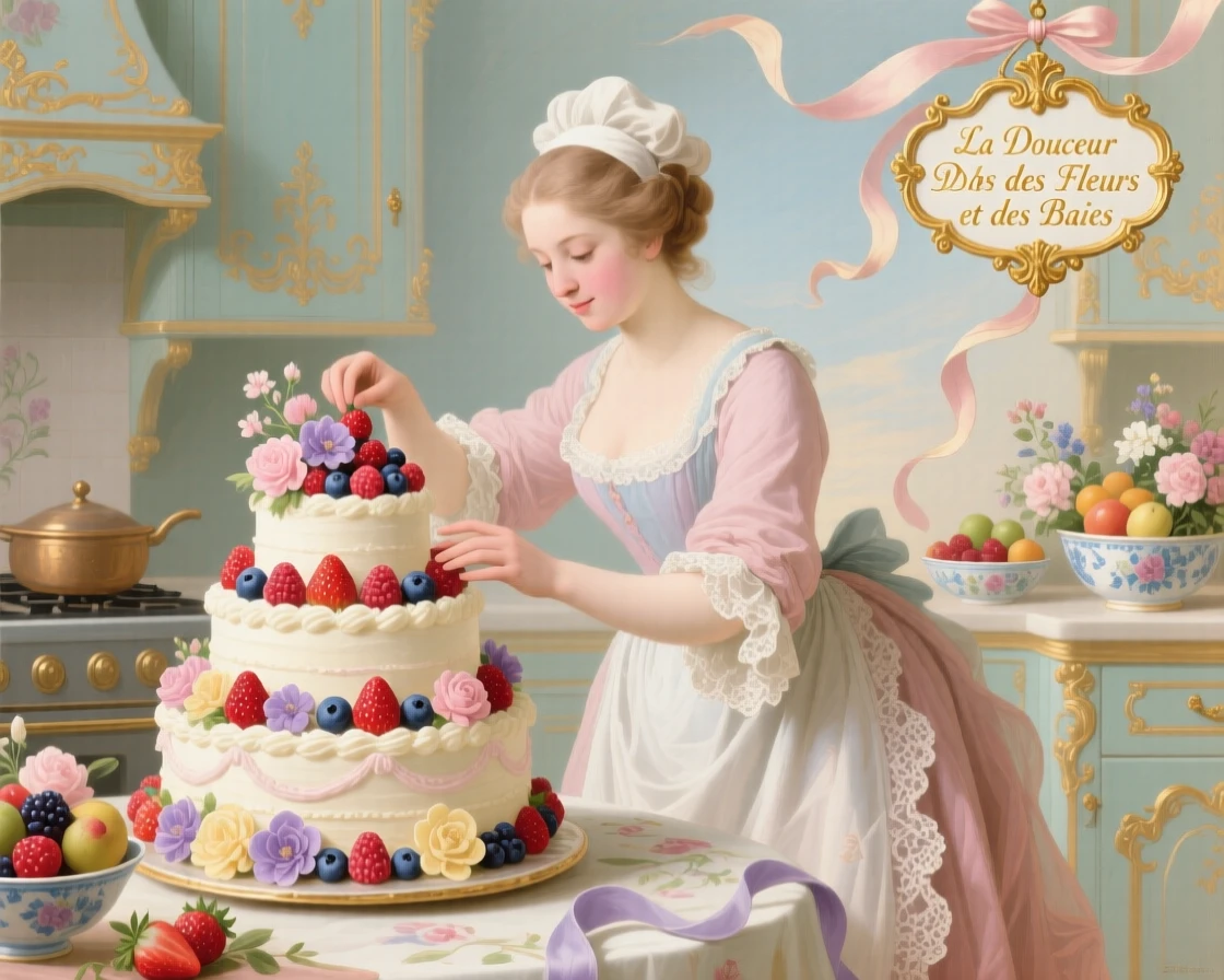 A cook decorating a cake with berries and edible flowers  