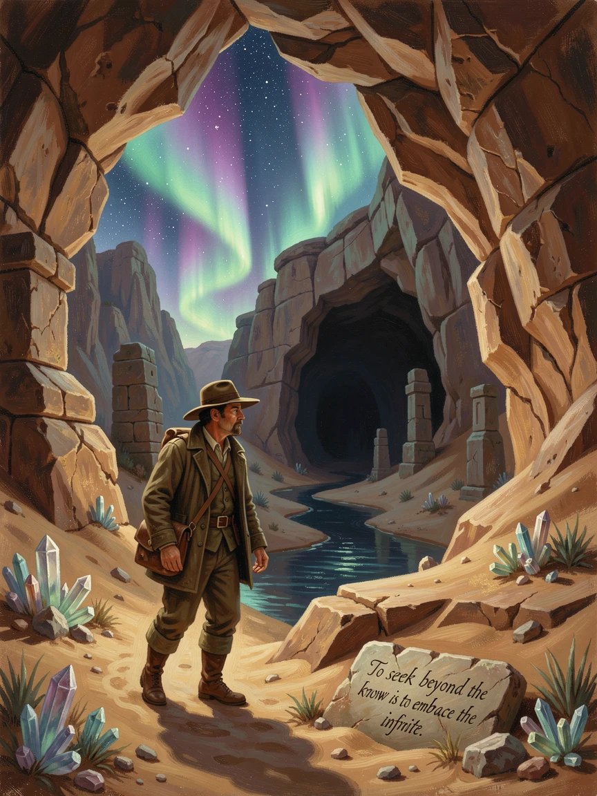 An intrepid explorer ventures deep into a starlit desert under the northern lights deep beneath the earth's surface.